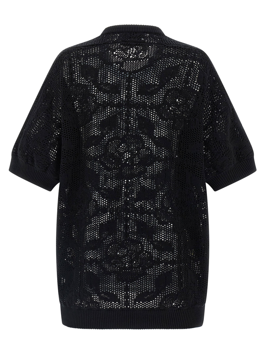 Nude Openwork Cotton Sweater for Women Black Lightweight Breathable Knit with Asymmetric Hem