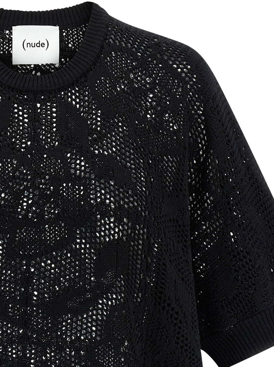 Nude Openwork Cotton Sweater for Women Black Lightweight Breathable Knit with Asymmetric Hem