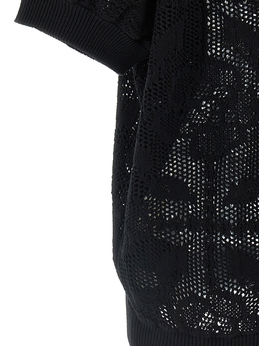 Nude Openwork Cotton Sweater for Women Black Lightweight Breathable Knit with Asymmetric Hem