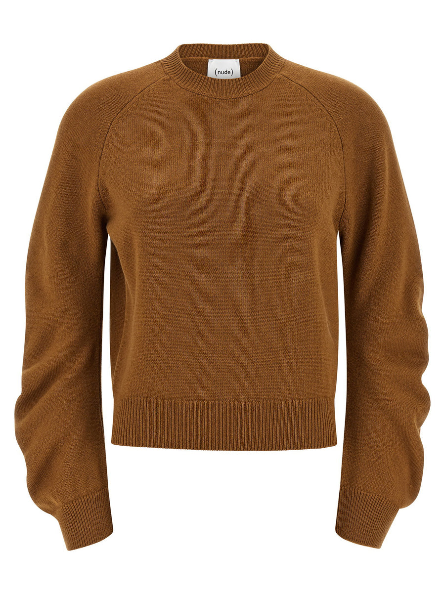 Nude Virgin Wool Curved Sleeve Sweater For Women Luxurious Crewneck Top With Long Cuffed Sleeves
