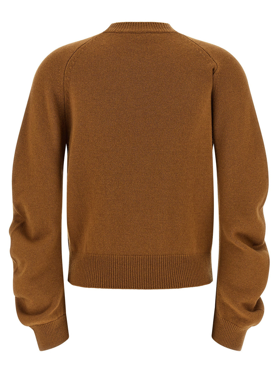 Nude Virgin Wool Curved Sleeve Sweater For Women Luxurious Crewneck Top With Long Cuffed Sleeves