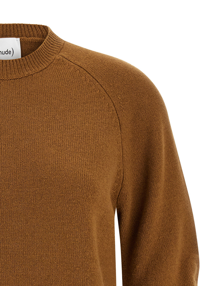 Nude Virgin Wool Curved Sleeve Sweater For Women Luxurious Crewneck Top With Long Cuffed Sleeves