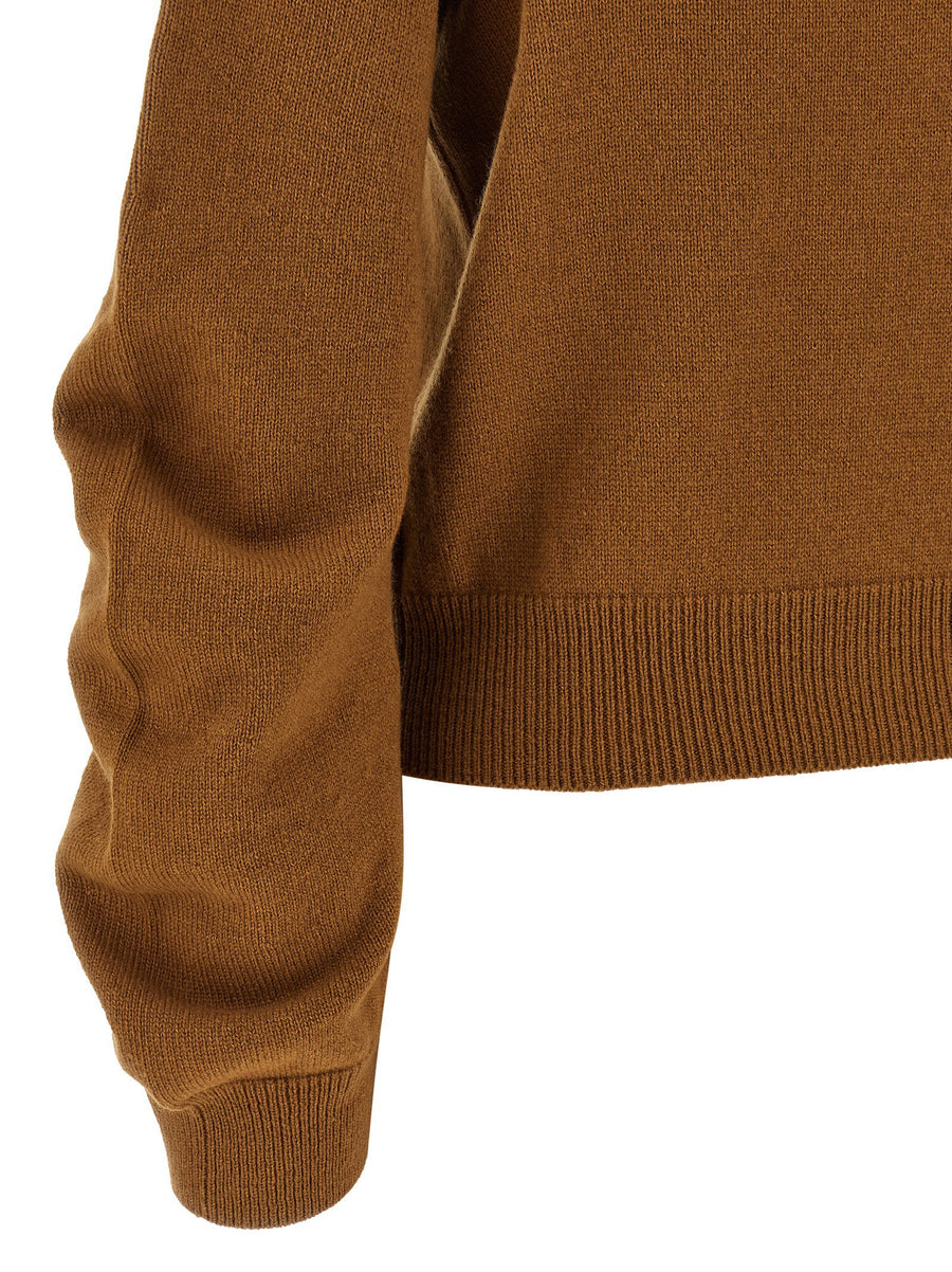 Nude Virgin Wool Curved Sleeve Sweater For Women Luxurious Crewneck Top With Long Cuffed Sleeves