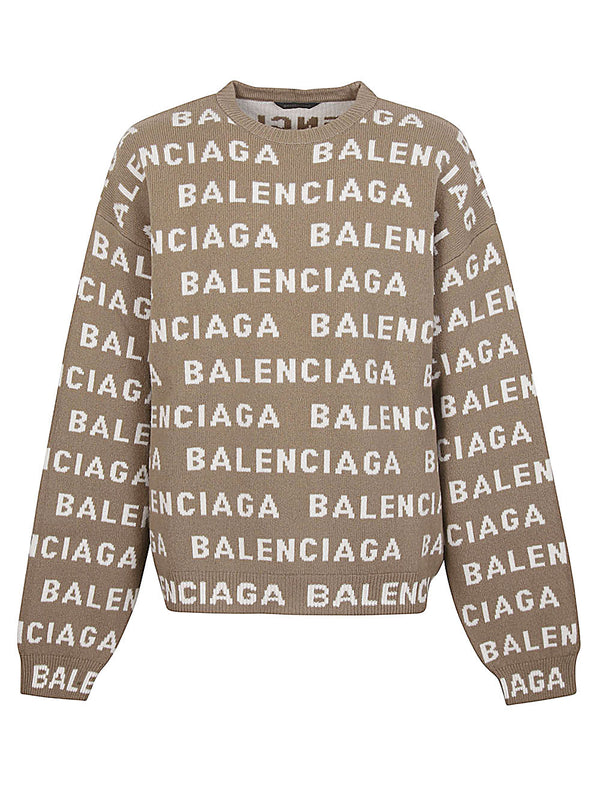 Balenciaga Intarsia Logo Sweater For Men Luxury Wool Crewneck Knit Beige Premium Everyday