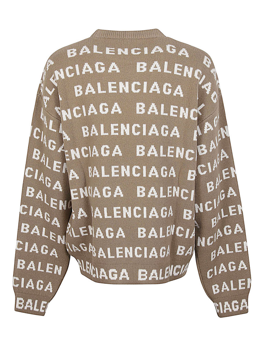 Balenciaga Intarsia Logo Sweater For Men Luxury Wool Crewneck Knit Beige Premium Everyday