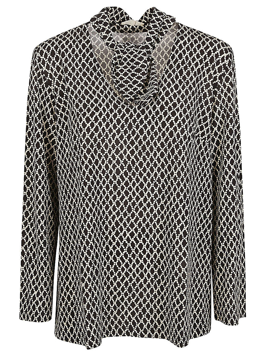 Siyu Black Printed Blouse With V Neck And Neck Laces Women Versatile Work To City Style Top