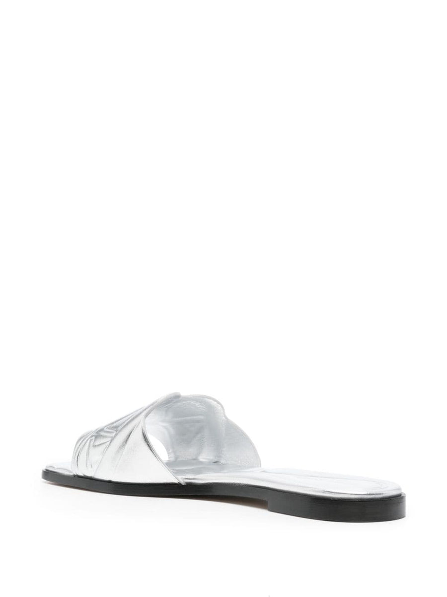 Alexander McQueen Silver Leather Slide Sandals For Women With Embossed Logo Strap