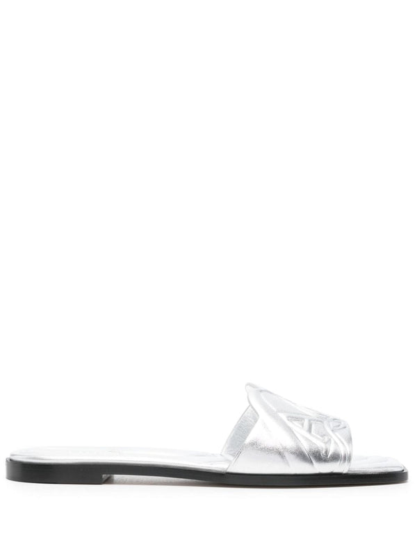 Alexander McQueen Silver Leather Slide Sandals For Women With Embossed Logo Strap