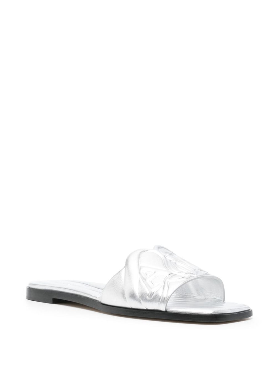 Alexander McQueen Silver Leather Slide Sandals For Women With Embossed Logo Strap