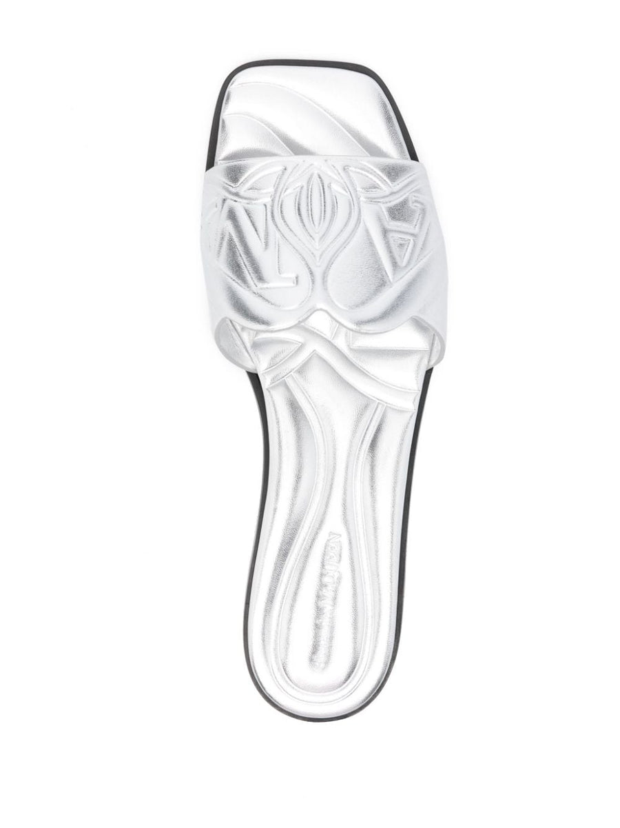Alexander McQueen Silver Leather Slide Sandals For Women With Embossed Logo Strap