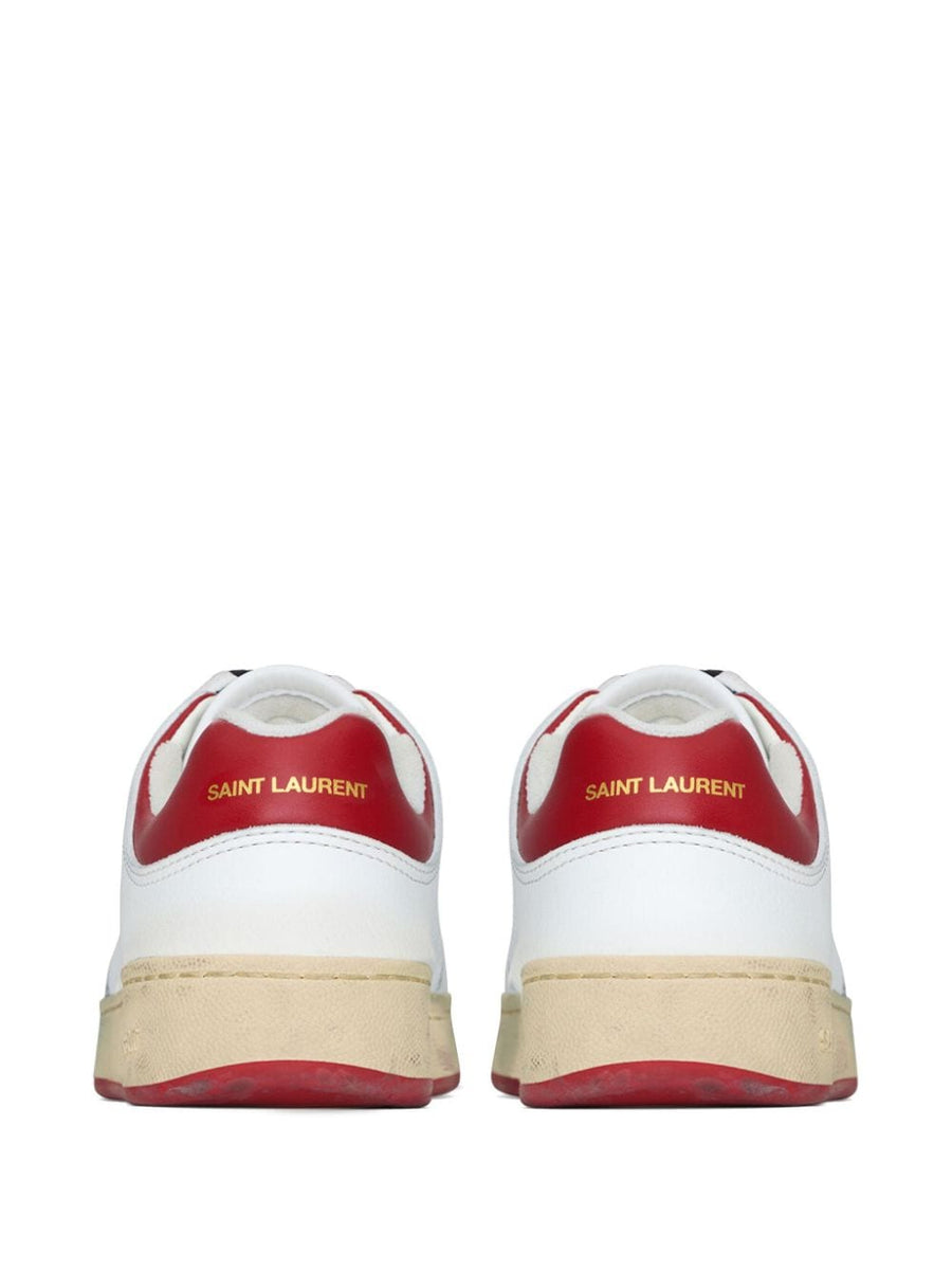 Saint Laurent SL/61 Leather Sneakers For Men, Premium Calfskin, Perforated Panelled Design, White With Crimson Accents