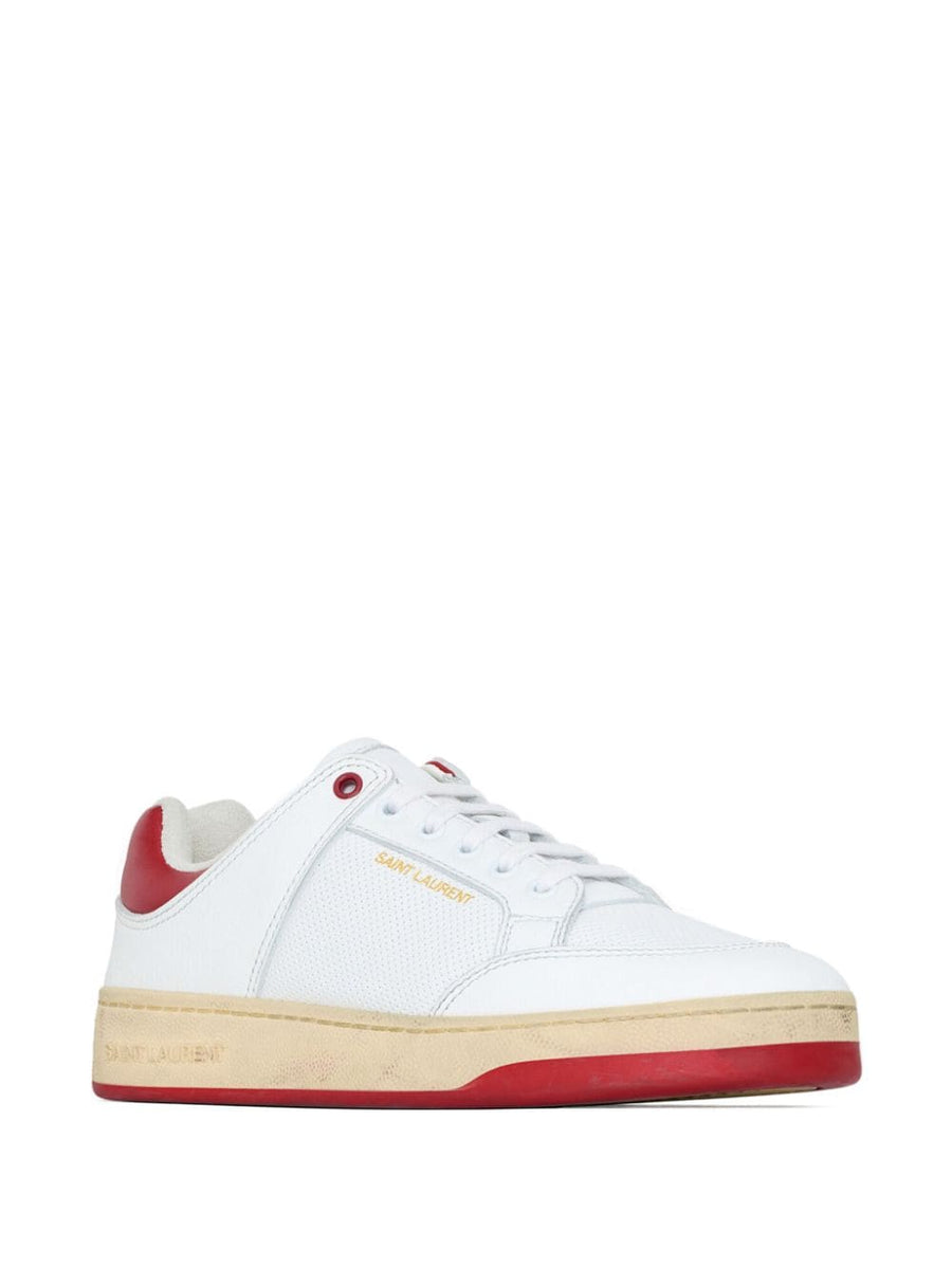 Saint Laurent SL/61 Leather Sneakers For Men, Premium Calfskin, Perforated Panelled Design, White With Crimson Accents