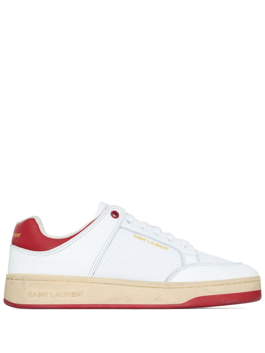 Saint Laurent SL/61 Leather Sneakers For Men, Premium Calfskin, Perforated Panelled Design, White With Crimson Accents