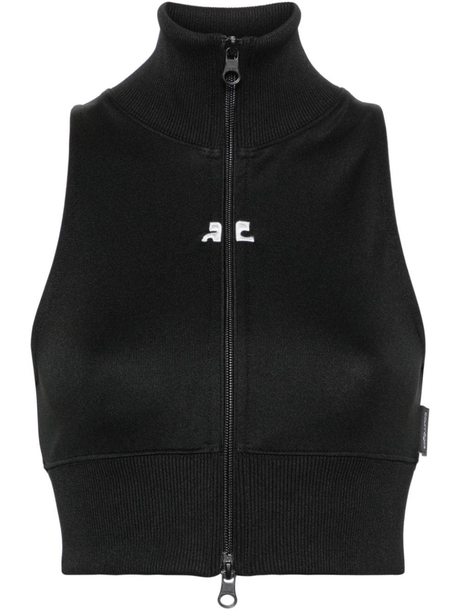 Courrèges Cropped Track Vest For Women Black One Hundred Percent Polyester Versatile Layering Sleeveless With Ribbed Hem