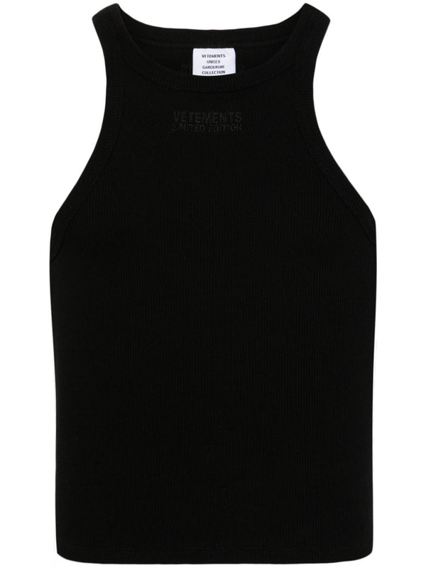 Vetements Logo Cotton Tank Top Unisex Black Versatile Everyday Wear With Embroidered Chest