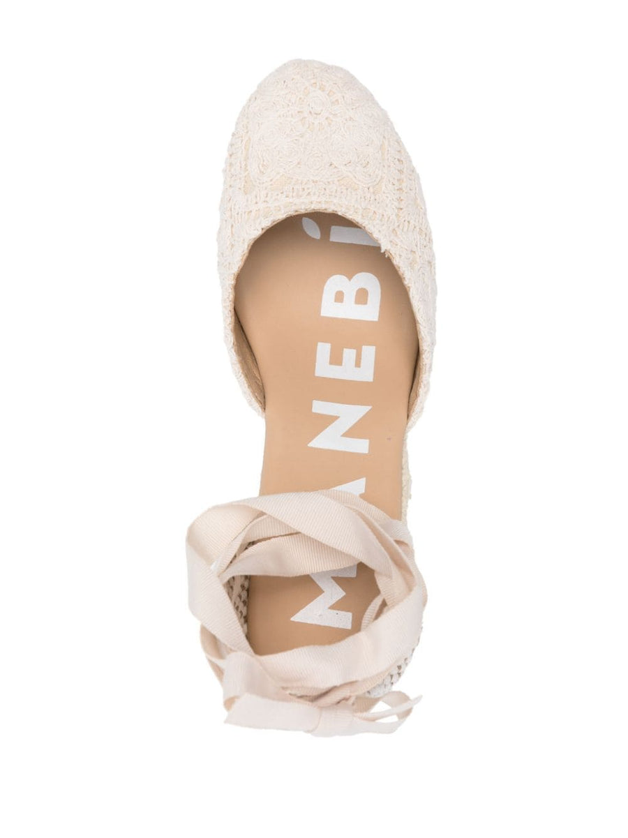Manebí Yucatán Crochet Wedge Espadrilles For Women Premium Light Beige Beachy Raffia Braided Ankle Tie