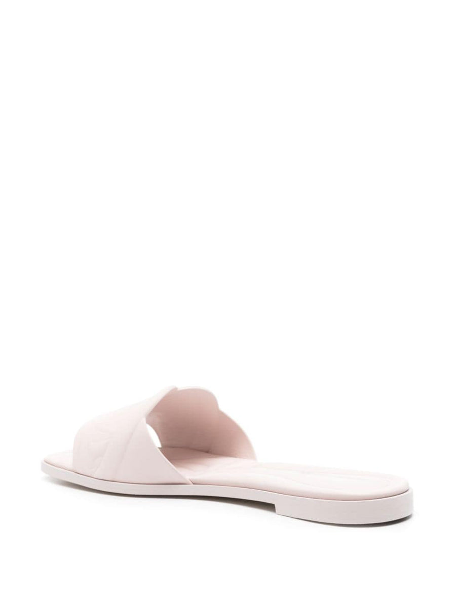 Alexander McQueen Beige Calf Leather Slides With Logo Embossed Strap For Women Luxury Summer Essentials