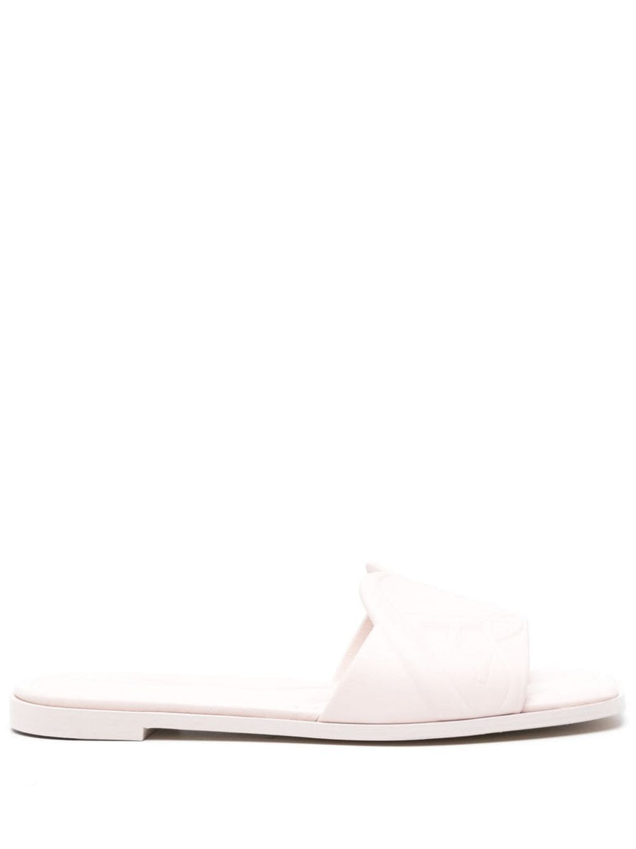 Alexander McQueen Beige Calf Leather Slides With Logo Embossed Strap For Women Luxury Summer Essentials
