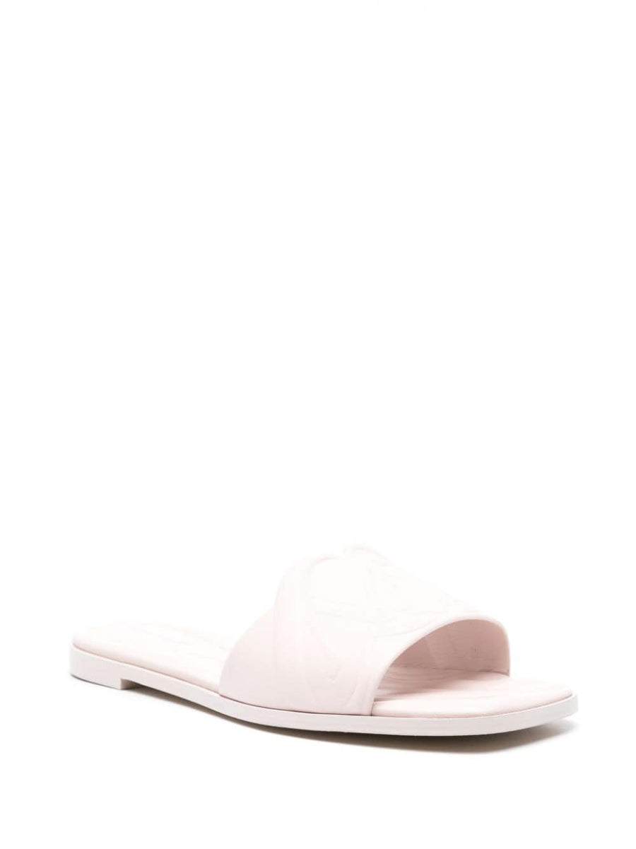 Alexander McQueen Beige Calf Leather Slides With Logo Embossed Strap For Women Luxury Summer Essentials