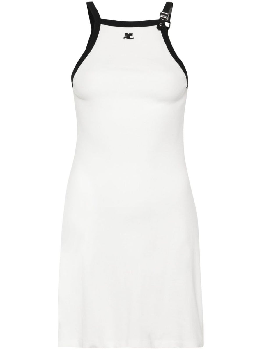 Courreges Pre Buckle Contrast Short Dress Halterneck White Cotton Minimalist Urban Womens Fashion