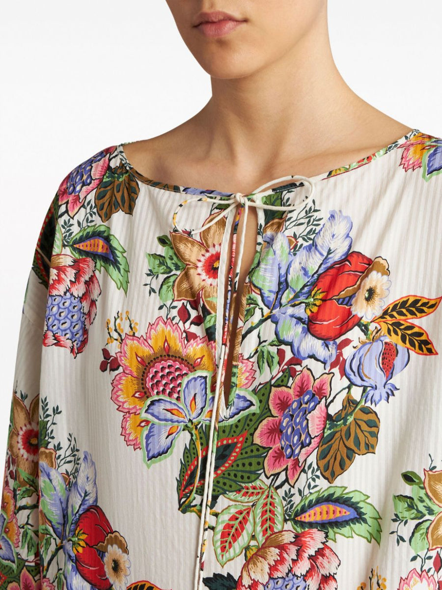 Etro Luxurious Floral Blouse For Women Cotton Silk Multicolor Print With Gathered Tie Neck And Three Quarter Sleeves