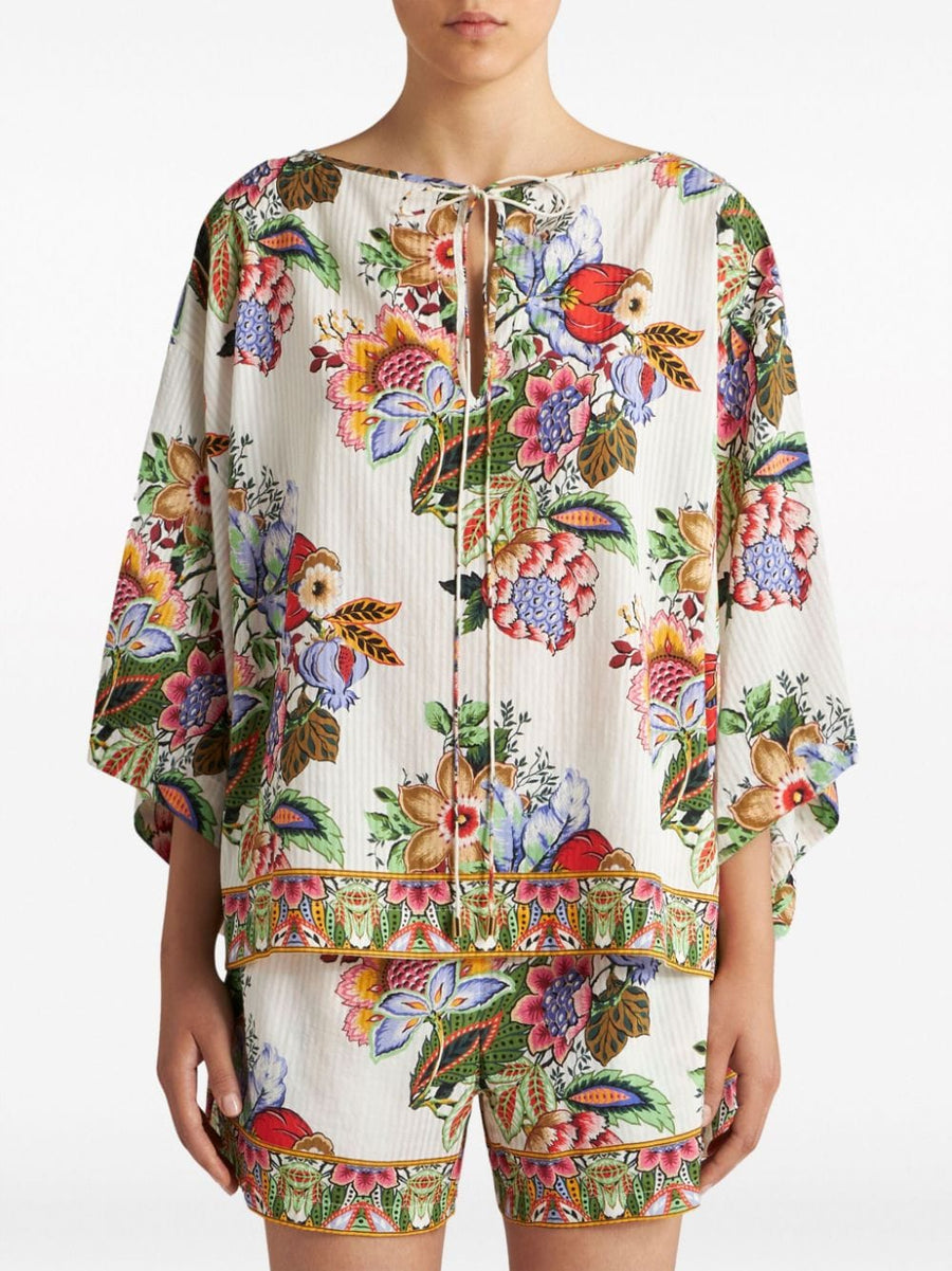 Etro Luxurious Floral Blouse For Women Cotton Silk Multicolor Print With Gathered Tie Neck And Three Quarter Sleeves