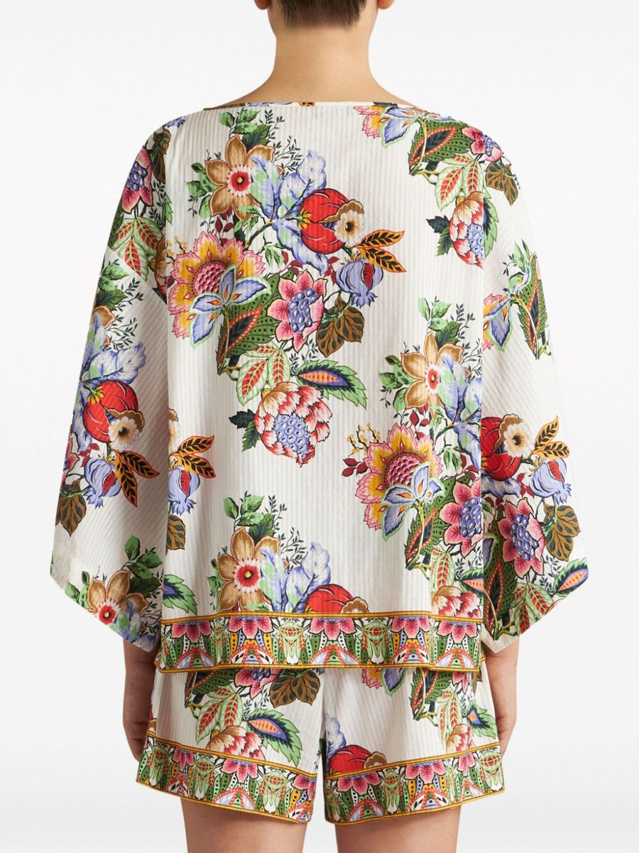Etro Luxurious Floral Blouse For Women Cotton Silk Multicolor Print With Gathered Tie Neck And Three Quarter Sleeves