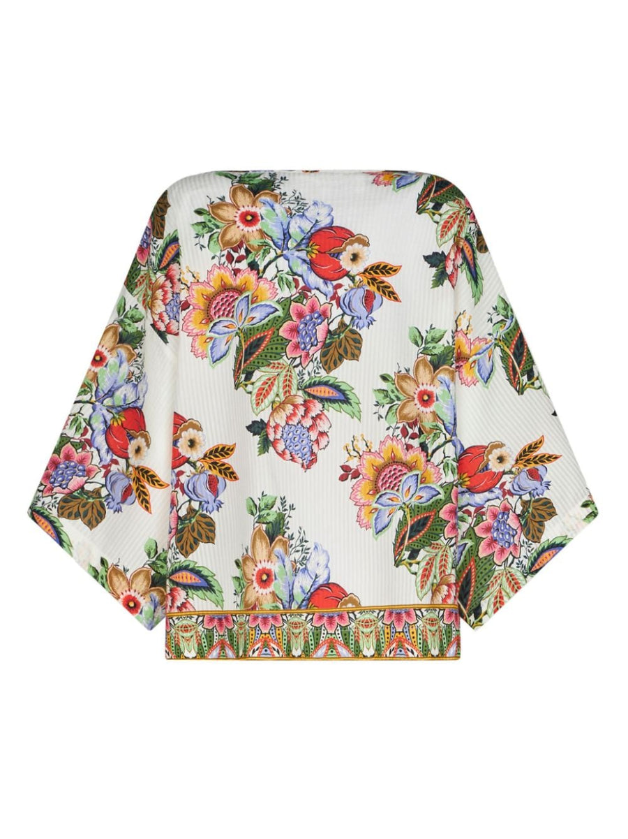 Etro Luxurious Floral Blouse For Women Cotton Silk Multicolor Print With Gathered Tie Neck And Three Quarter Sleeves