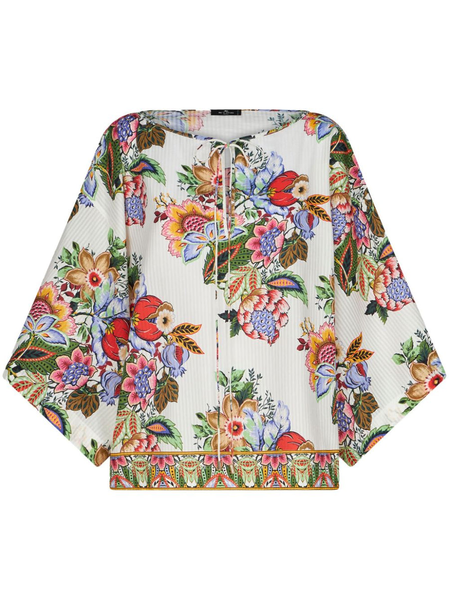 Etro Luxurious Floral Blouse For Women Cotton Silk Multicolor Print With Gathered Tie Neck And Three Quarter Sleeves