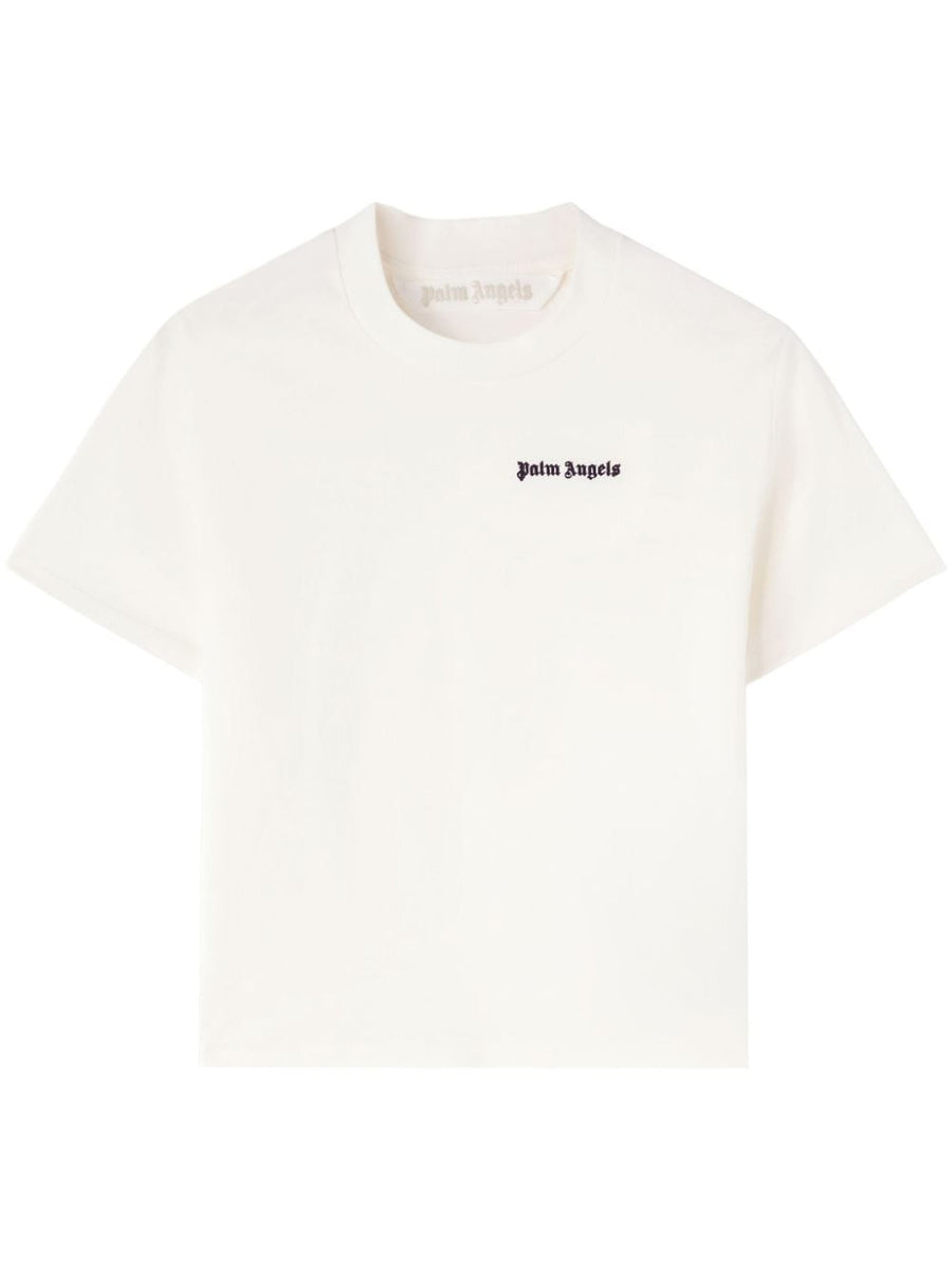 Palm Angels Logo Cropped White Cotton Tee For Women With Black Embroidered Chest Logo Streetwear Essential