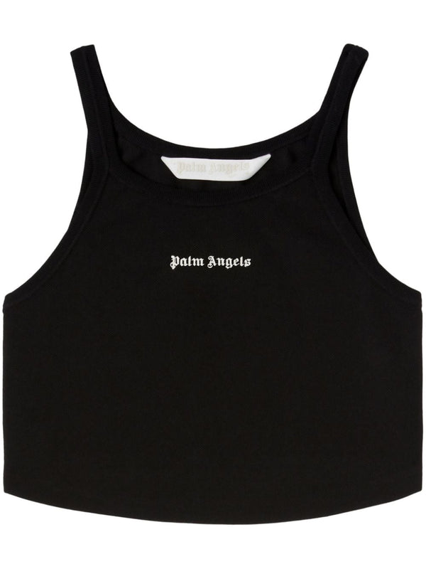 Palm Angels Classic Logo Tank Top For Women - Cropped Black Cotton Blend With White Logo, Bold Streetwear Essential