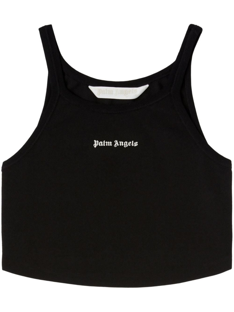 Palm Angels Classic Logo Tank Top For Women - Cropped Black Cotton Blend With White Logo, Bold Streetwear Essential