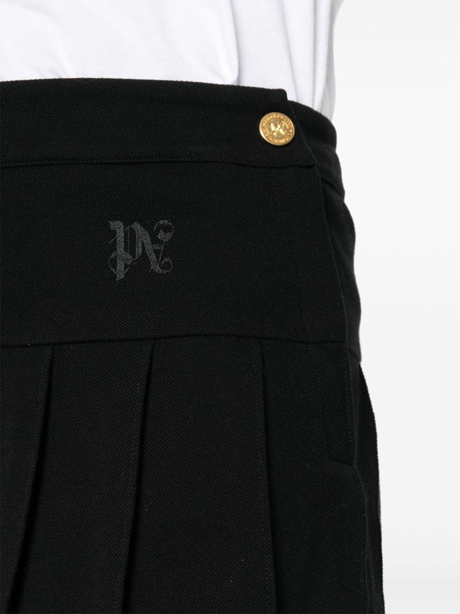 Palm Angels Monogram Pleated Skirt For Women Front Monogram Embroidery Luxurious Black Cotton Pique