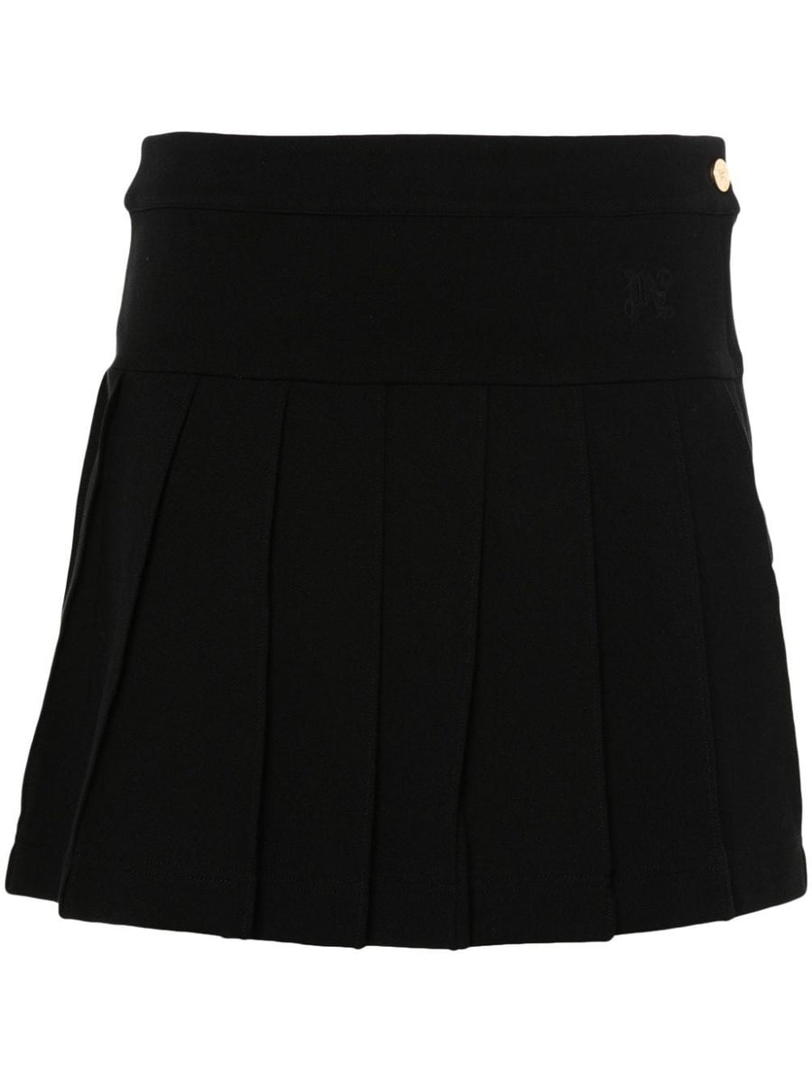 Palm Angels Monogram Pleated Skirt For Women Front Monogram Embroidery Luxurious Black Cotton Pique