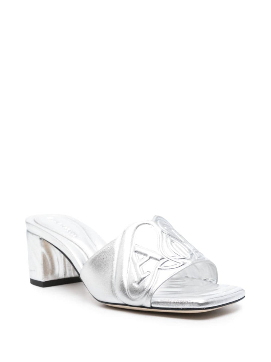 Alexander McQueen Seal Mules 60mm Heel Silver Metallic Leather Open Toe For Women Sculptural City To Night Style