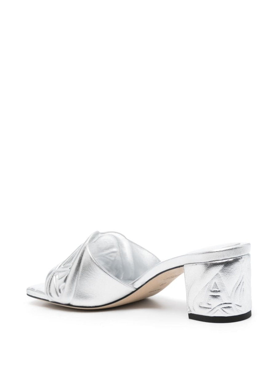Alexander McQueen Seal Mules 60mm Heel Silver Metallic Leather Open Toe For Women Sculptural City To Night Style