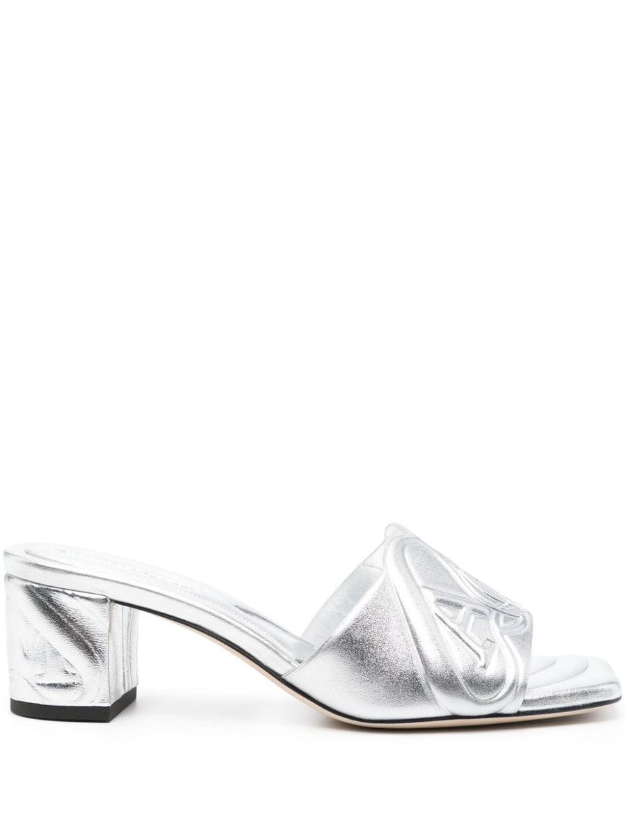 Alexander McQueen Seal Mules 60mm Heel Silver Metallic Leather Open Toe For Women Sculptural City To Night Style