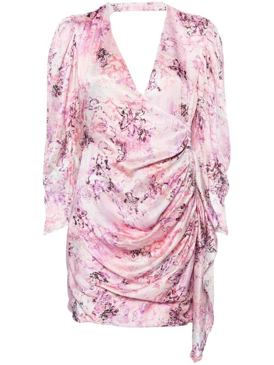 Iro Silk Wrap Dress Pink Floral Print For Women Open Back Luxury Evening Wear Refined Silhouette