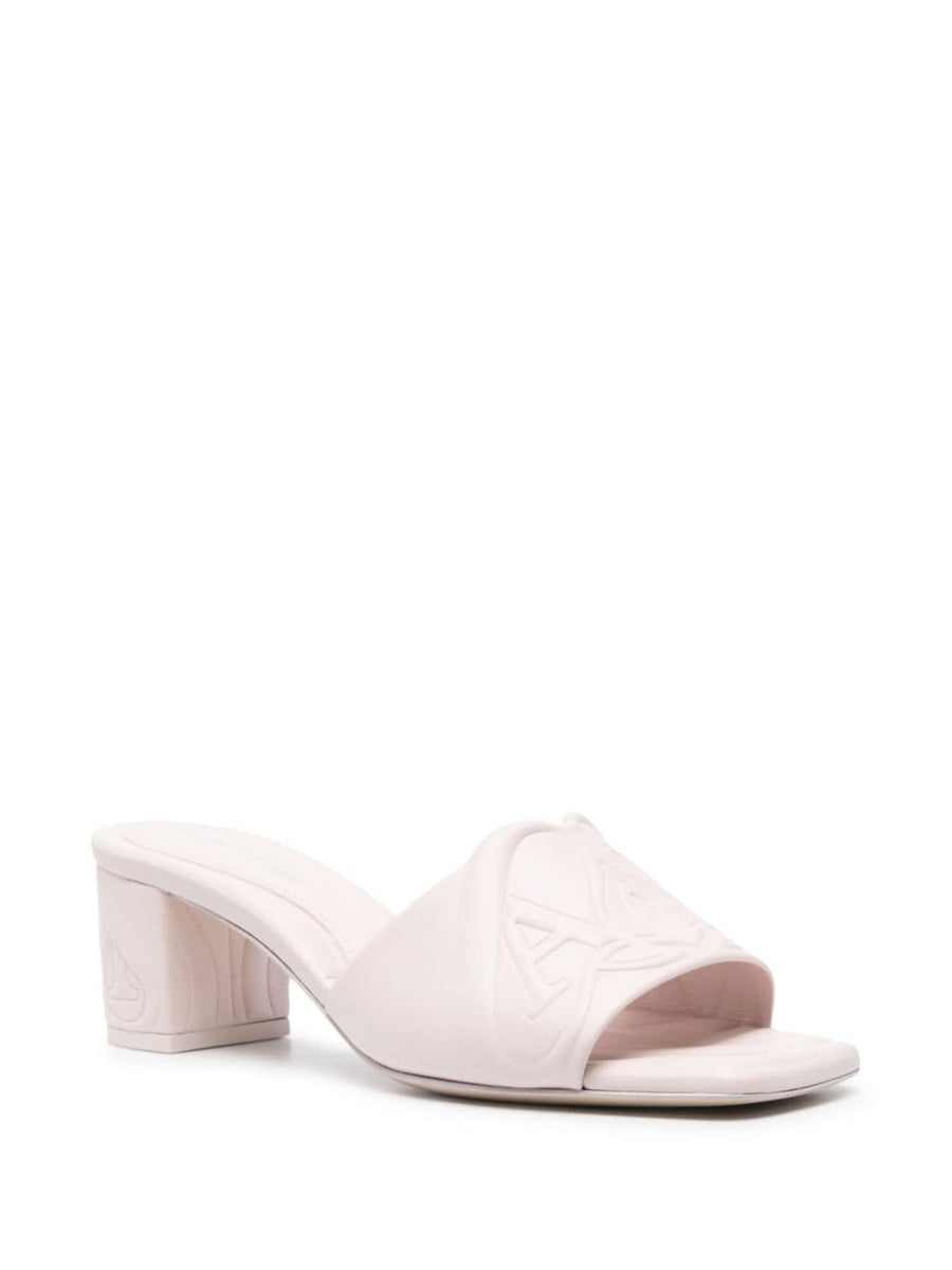 Alexander McQueen Seal Motif Mules Beige Calf Leather Luxurious Slip On Sandals For Women
