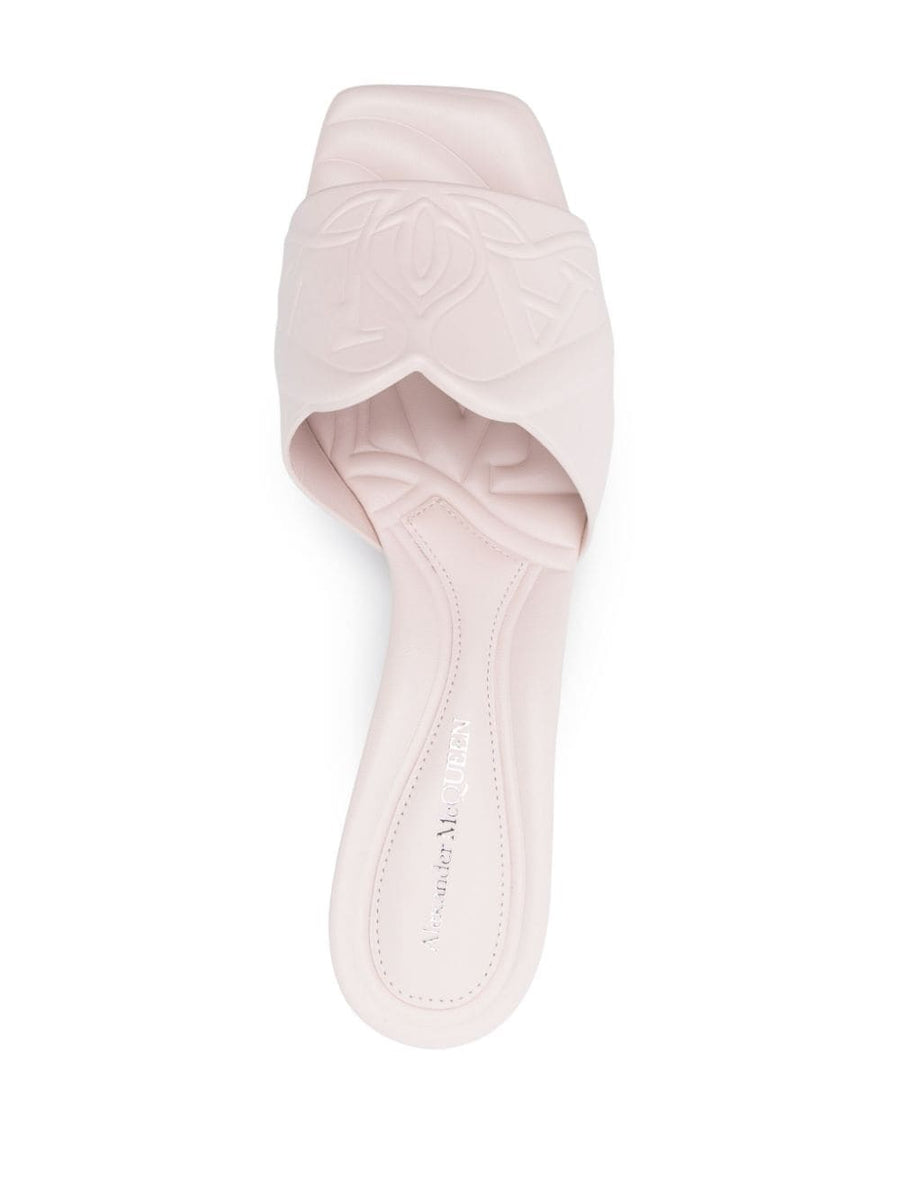 Alexander McQueen Seal Motif Mules Beige Calf Leather Luxurious Slip On Sandals For Women
