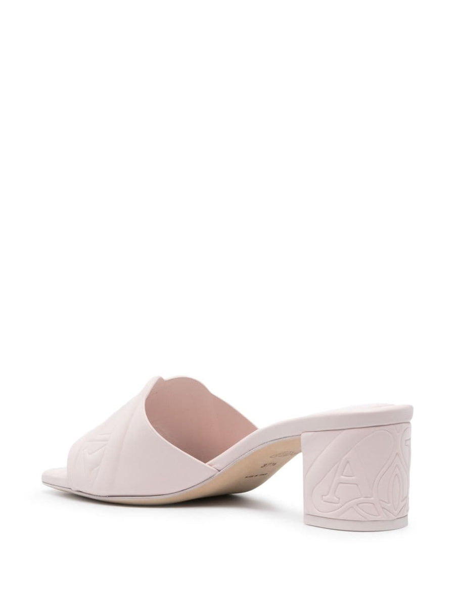 Alexander McQueen Seal Motif Mules Beige Calf Leather Luxurious Slip On Sandals For Women