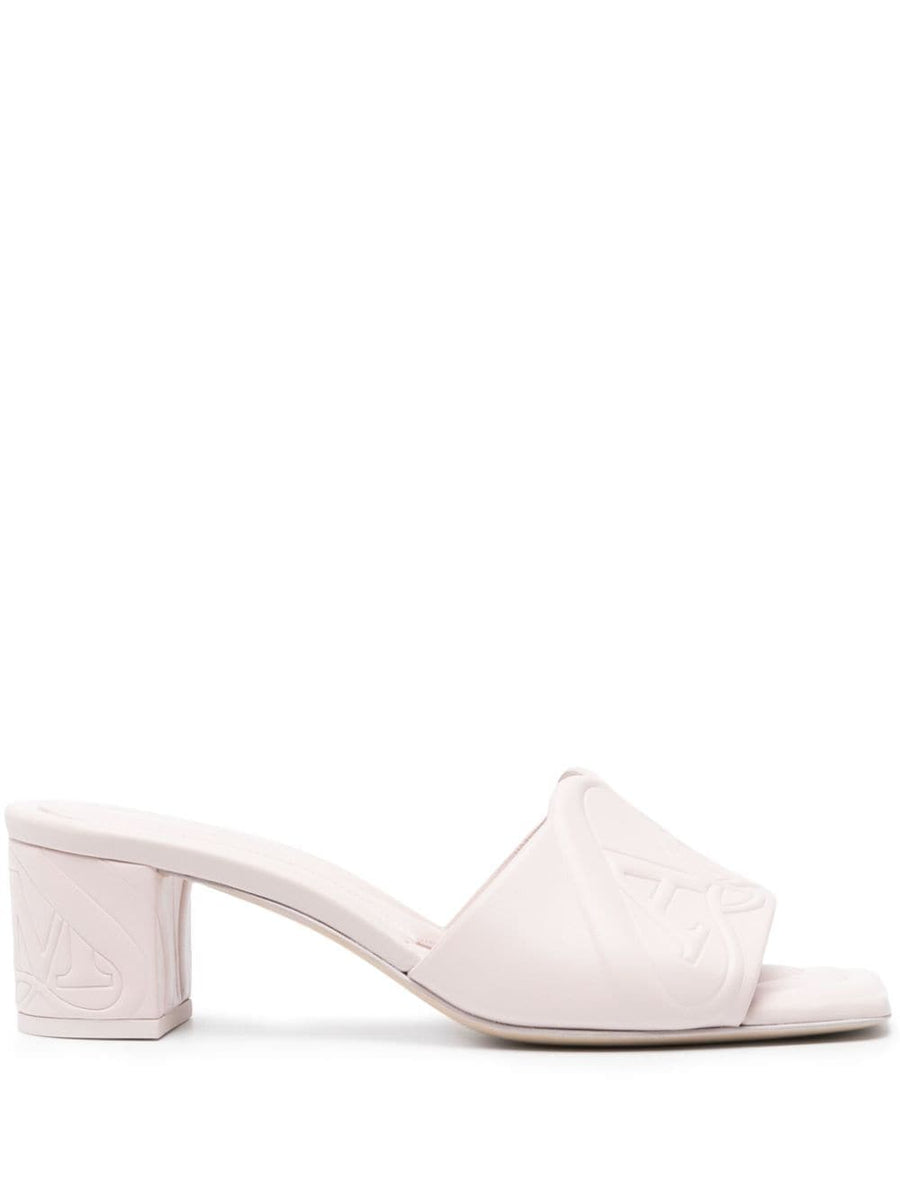 Alexander McQueen Seal Motif Mules Beige Calf Leather Luxurious Slip On Sandals For Women