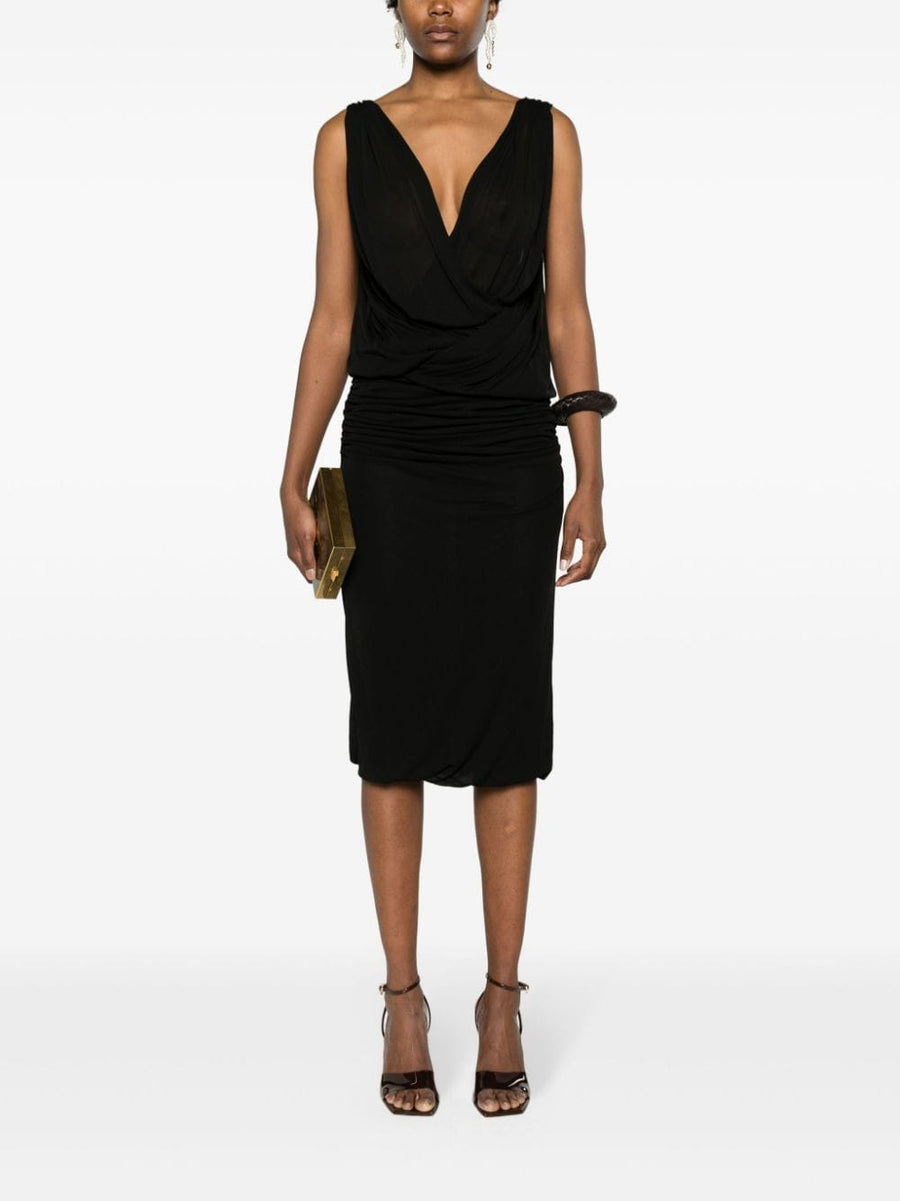 Saint Laurent V Neck Mini Dress With Ruched Bodice And Draped Detailing For Women