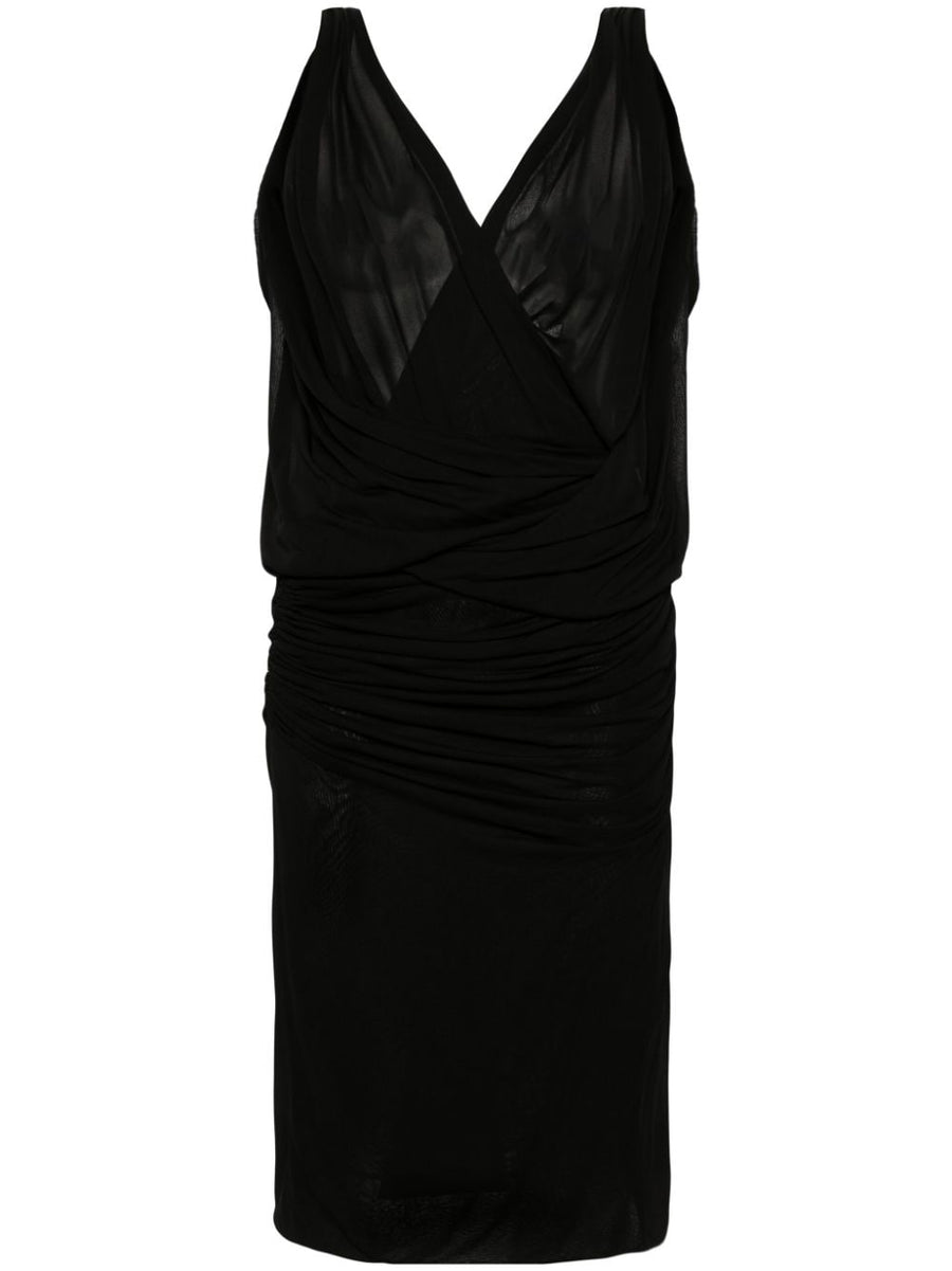 Saint Laurent V Neck Mini Dress With Ruched Bodice And Draped Detailing For Women