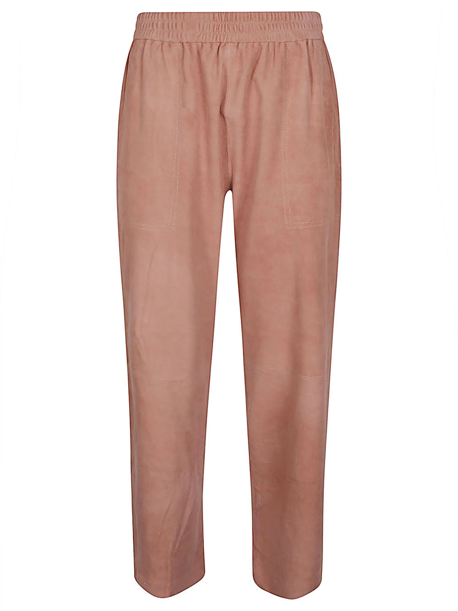 Via Masini 80 Suede Leather Trousers Powder Pink For Women Luxurious Wide-Leg Refined