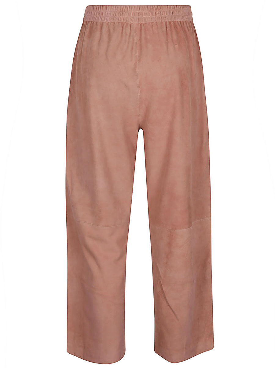 Via Masini 80 Suede Leather Trousers Powder Pink For Women Luxurious Wide-Leg Refined