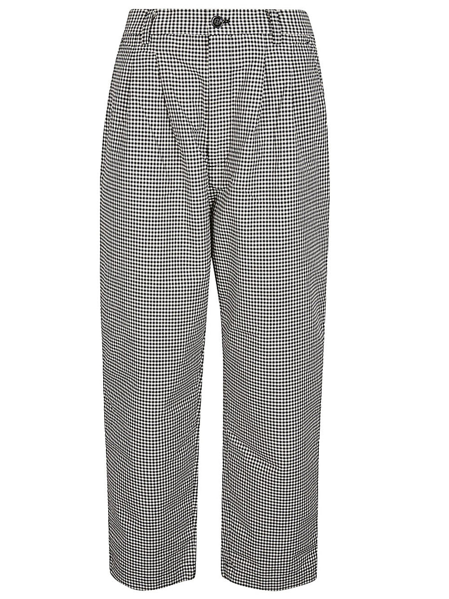 Organic Cotton Trousers For Women By Sarahwear, Refined Tapered Fit In Black Oxford With Woven Check