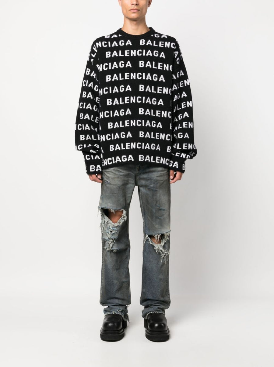Balenciaga Logo Wool Blend Sweater For Men Premium Streetwear With Allover Intarsia Logo
