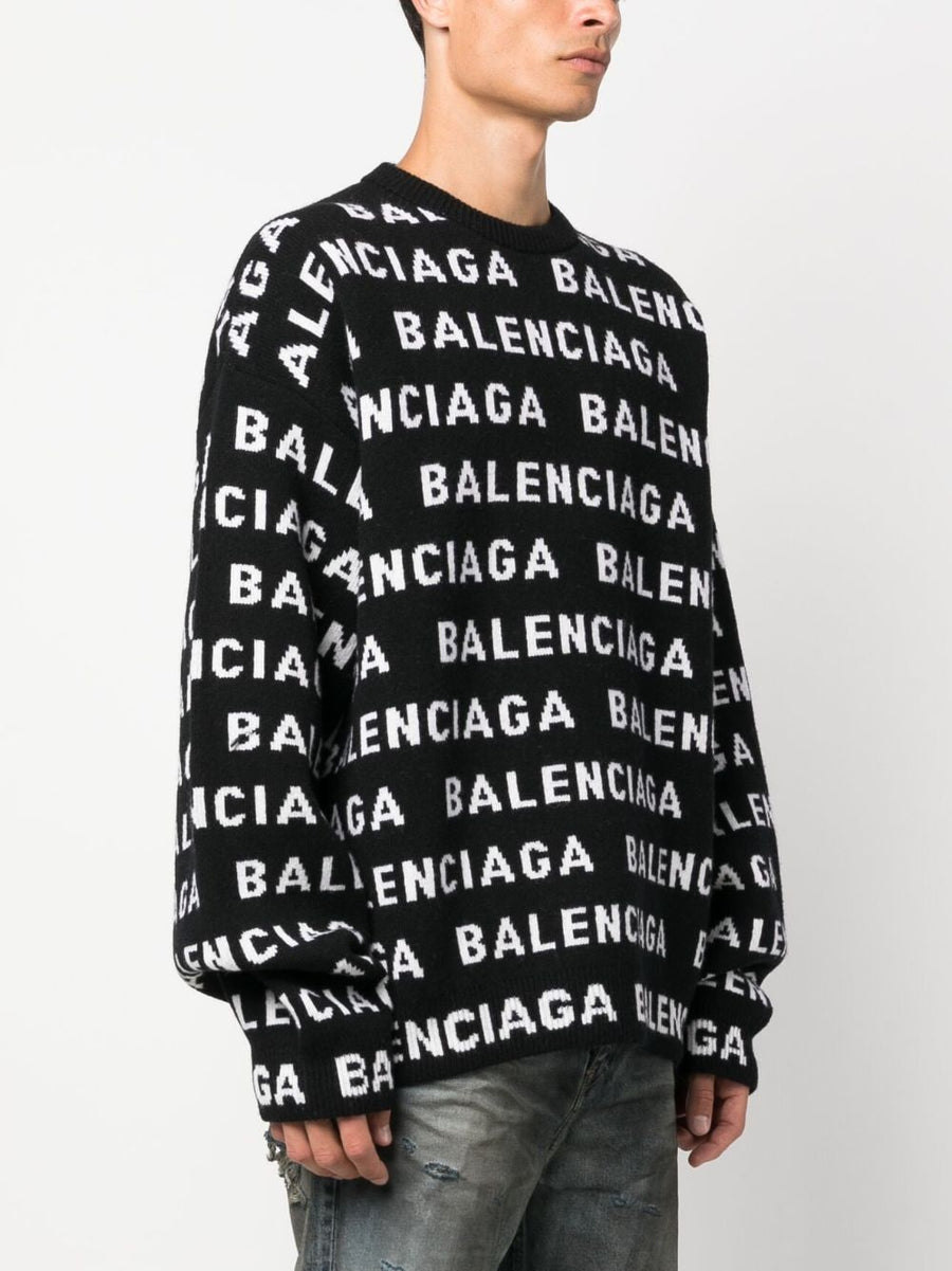 Balenciaga Logo Wool Blend Sweater For Men Premium Streetwear With Allover Intarsia Logo