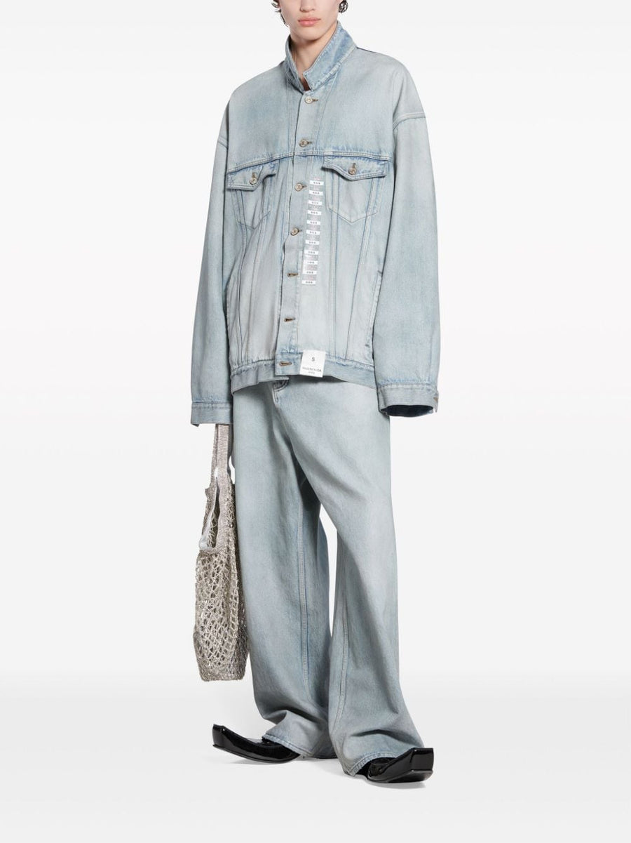 Balenciaga Denim Jacket Unisex Drop Shoulder With Flap Pockets Logo Patch Premium Streetwear Light Blue Washed Denim